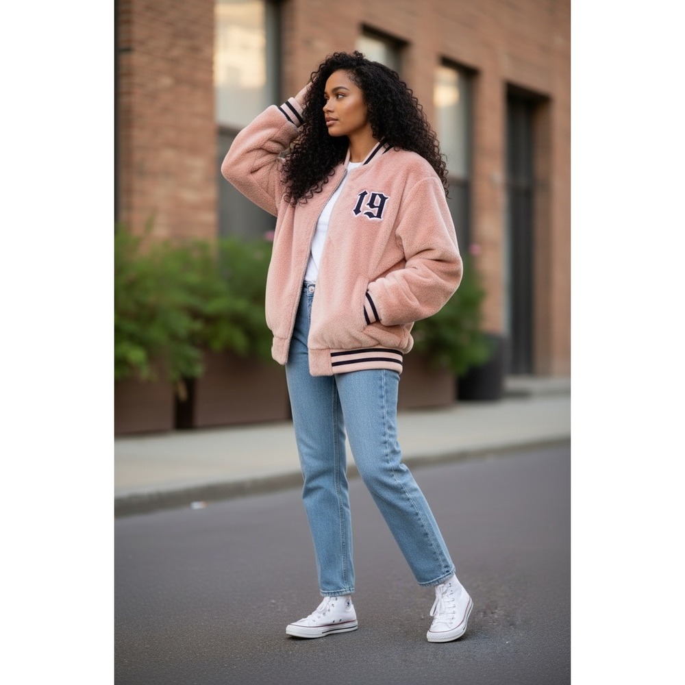 NWT Forever 21 Pink Fuzzy Varsity Bomber Jacket Number 19‎ Size M